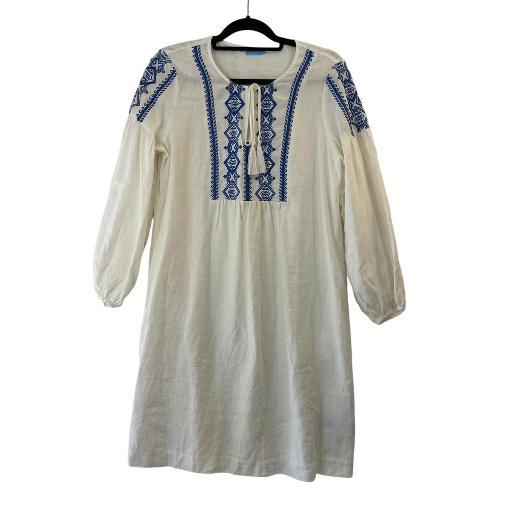 J. McLaughlin Leilani Linen Dress‎ Medium Embroidered Knee Length Split V White